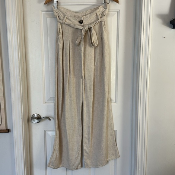 Lulus linen blend paper bag waist pants medium cream - Picture 2 of 7
